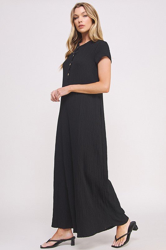 TEXTURED SHORT SLEEVE JUMPSUIT - Happily Ever Atchison Shop Co.