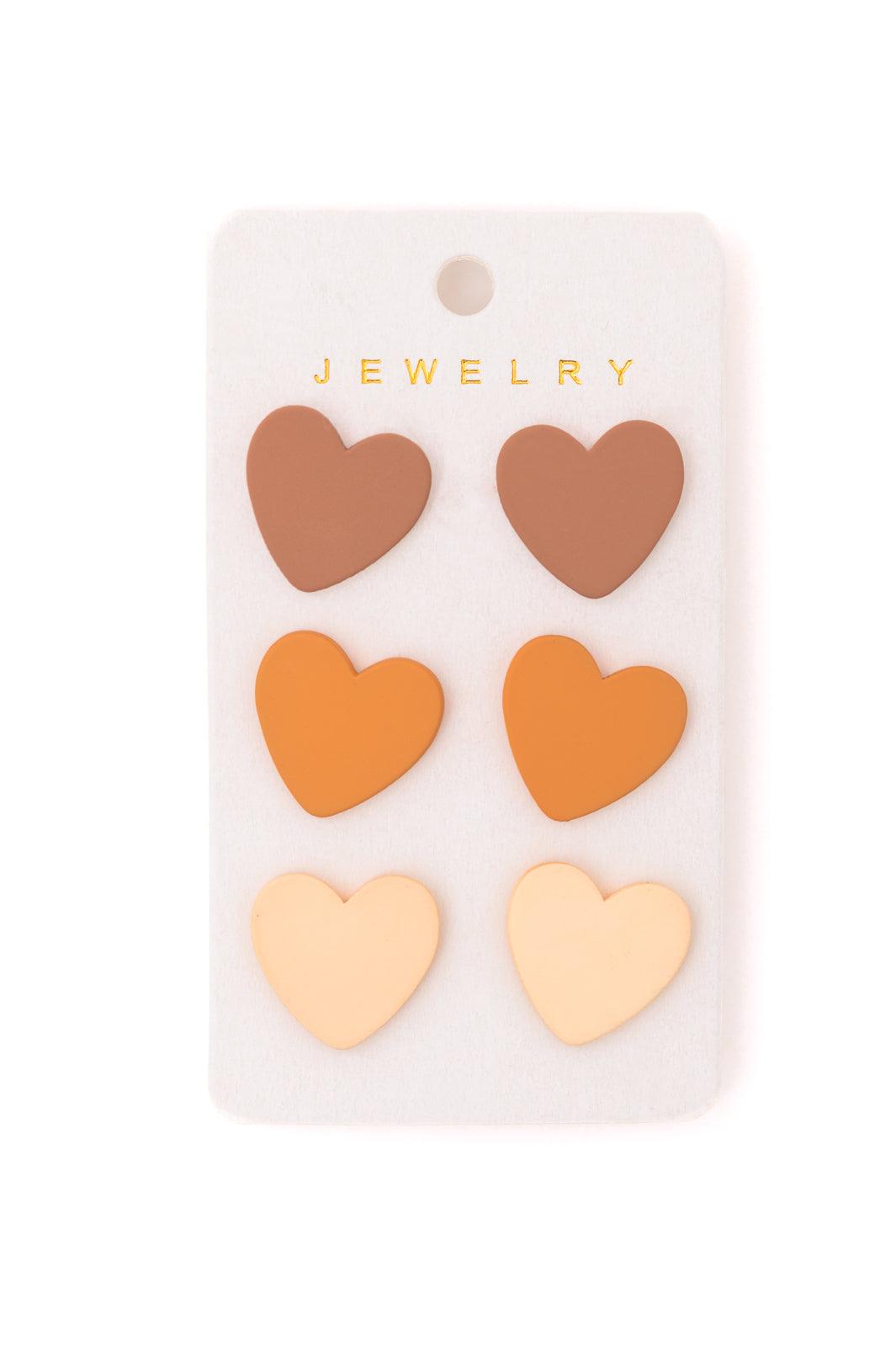 Triple Hearts Studs in Brown - Happily Ever Atchison Shop Co.