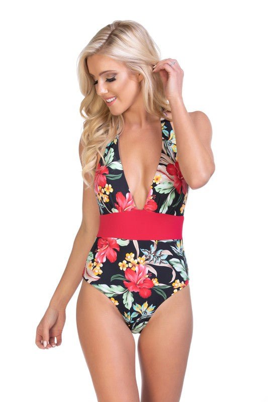 TROPICAL HALTER ONE PIECE SWIMSUIT - Happily Ever Atchison Shop Co.