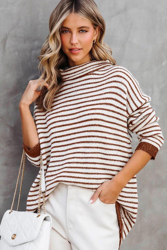 Turtle Neck Stripe Knit Sweater Poncho Top - Happily Ever Atchison Shop Co.