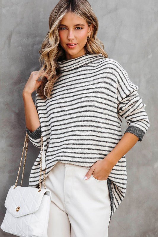 Turtle Neck Stripe Knit Sweater Poncho Top - Happily Ever Atchison Shop Co.