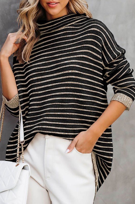 Turtle Neck Stripe Knit Sweater Poncho Top - Happily Ever Atchison Shop Co.