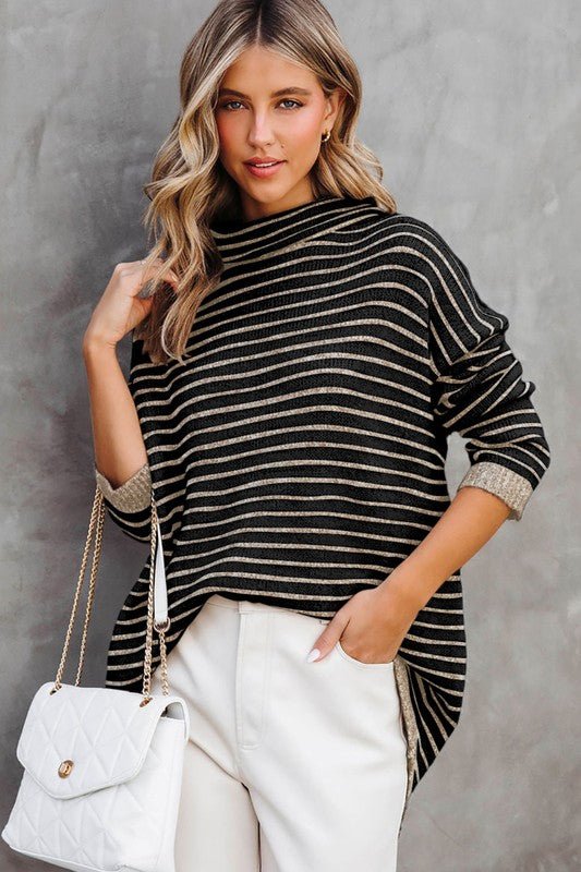Turtle Neck Stripe Knit Sweater Poncho Top - Happily Ever Atchison Shop Co.