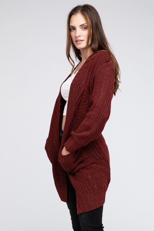 Twist Knitted Open Front Cardigan With Pockets - Happily Ever Atchison Shop Co.