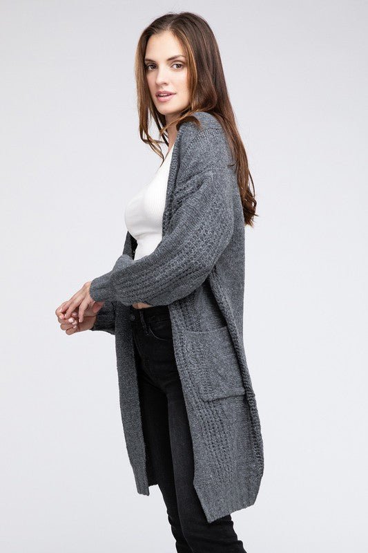 Twist Knitted Open Front Cardigan With Pockets - Happily Ever Atchison Shop Co.