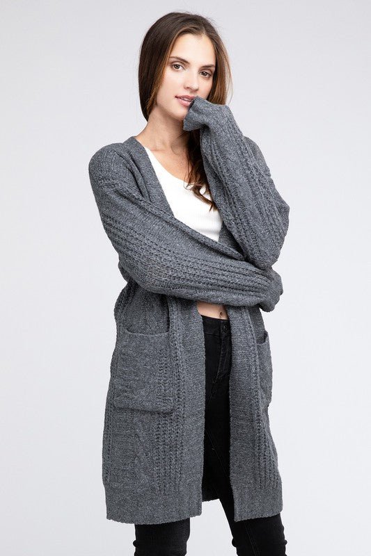 Twist Knitted Open Front Cardigan With Pockets - Happily Ever Atchison Shop Co.