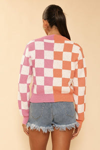 Two tone checkered cropped knit cardigan - Happily Ever Atchison Shop Co.