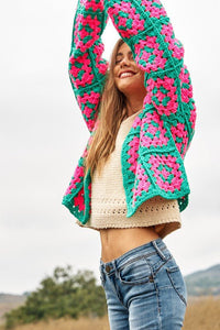 Two - Tone Floral Square Crochet Open Knit Cardigan - Happily Ever Atchison Shop Co.