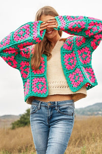 Two - Tone Floral Square Crochet Open Knit Cardigan - Happily Ever Atchison Shop Co.