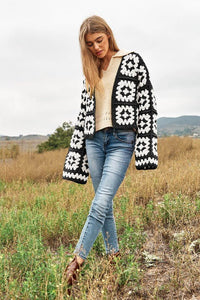 Two - Tone Floral Square Crochet Open Knit Cardigan - Happily Ever Atchison Shop Co.