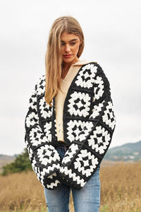 Two - Tone Floral Square Crochet Open Knit Cardigan - Happily Ever Atchison Shop Co.