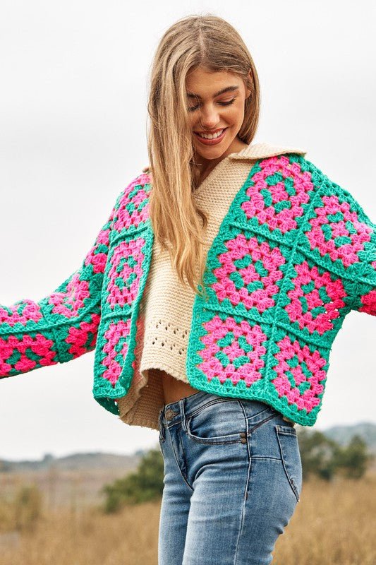 Two - Tone Floral Square Crochet Open Knit Cardigan - Happily Ever Atchison Shop Co.