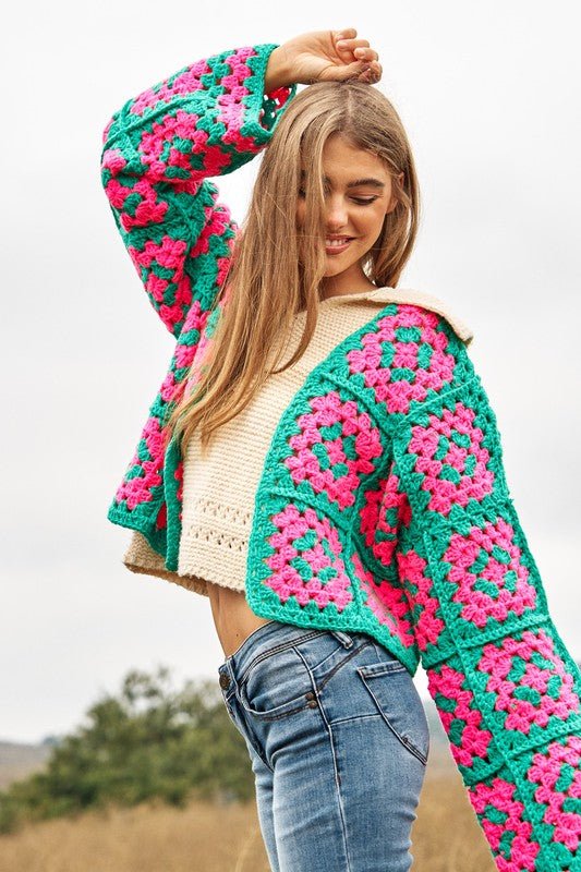 Two - Tone Floral Square Crochet Open Knit Cardigan - Happily Ever Atchison Shop Co.