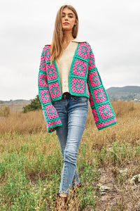 Two - Tone Floral Square Crochet Open Knit Cardigan - Happily Ever Atchison Shop Co.