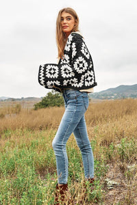 Two - Tone Floral Square Crochet Open Knit Cardigan - Happily Ever Atchison Shop Co.