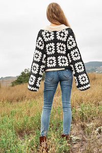 Two - Tone Floral Square Crochet Open Knit Cardigan - Happily Ever Atchison Shop Co.