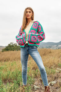 Two - Tone Floral Square Crochet Open Knit Cardigan - Happily Ever Atchison Shop Co.