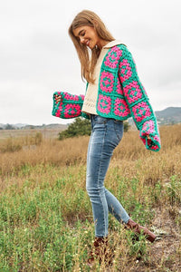 Two - Tone Floral Square Crochet Open Knit Cardigan - Happily Ever Atchison Shop Co.