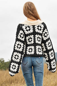 Two - Tone Floral Square Crochet Open Knit Cardigan - Happily Ever Atchison Shop Co.