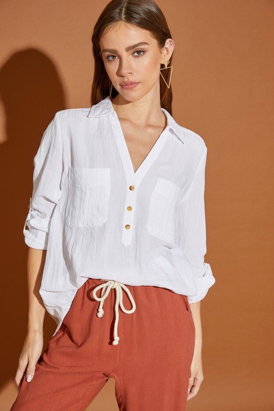 V Neck Button Down Henley Shirt - Happily Ever Atchison Shop Co.