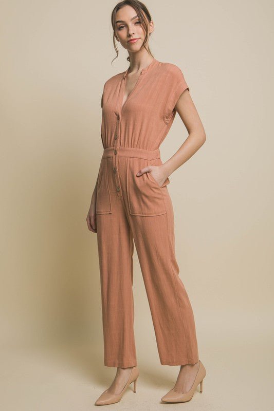 V - Neck Pocketed Jumpsuit - Happily Ever Atchison Shop Co.