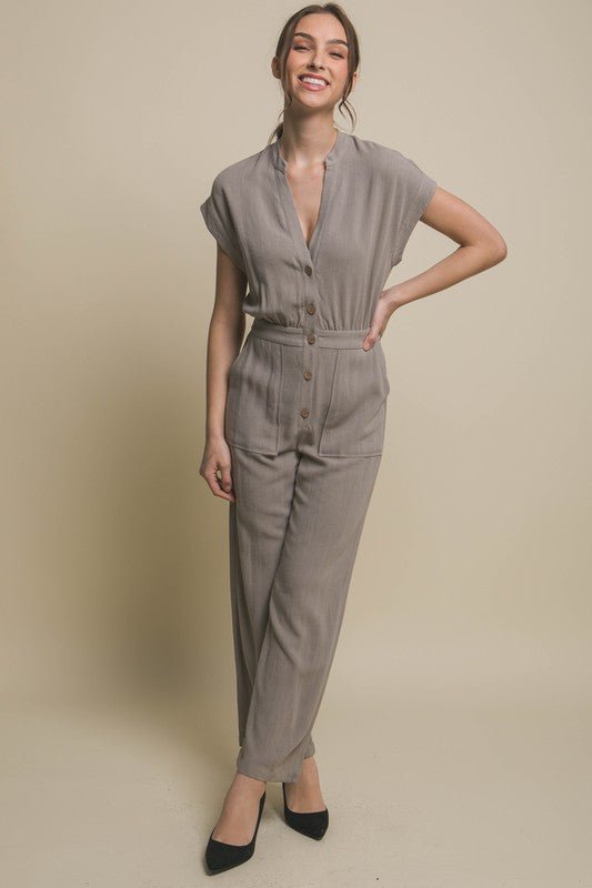 V - Neck Pocketed Jumpsuit - Happily Ever Atchison Shop Co.