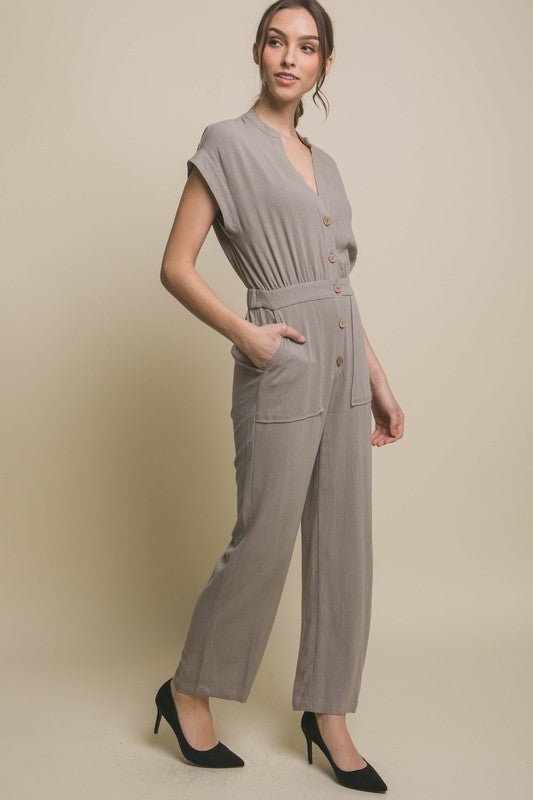 V - Neck Pocketed Jumpsuit - Happily Ever Atchison Shop Co.