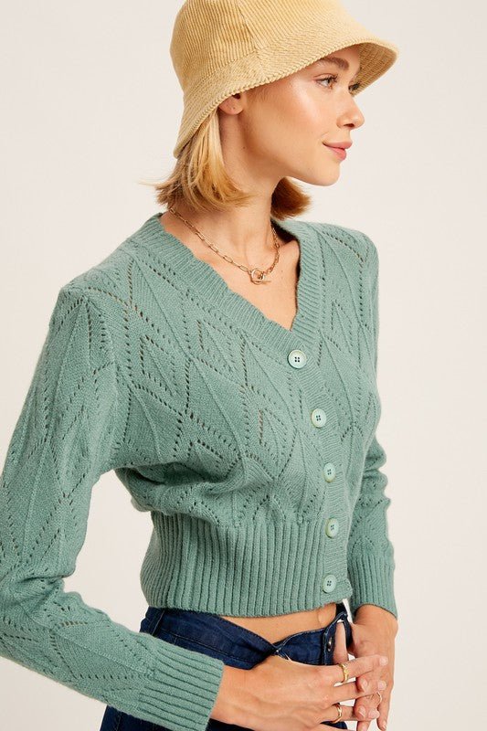 V - neck Scallop Edge Button Down Crop Knit Cardigan - Happily Ever Atchison Shop Co.