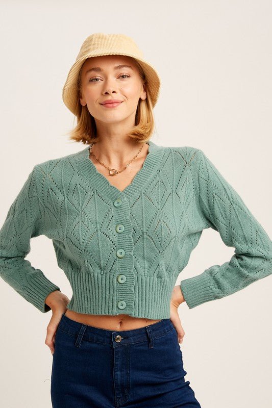 V - neck Scallop Edge Button Down Crop Knit Cardigan - Happily Ever Atchison Shop Co.
