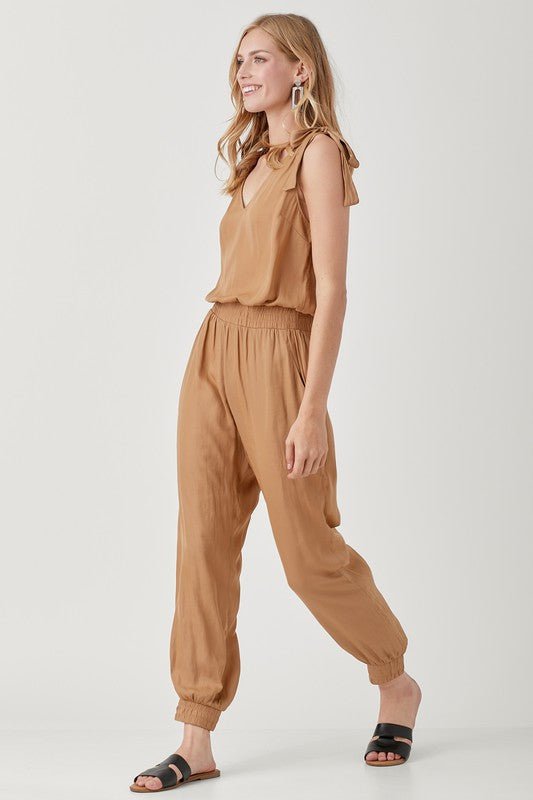 V - Neck Smocked Waist Jogger Jumpsuit - Happily Ever Atchison Shop Co.