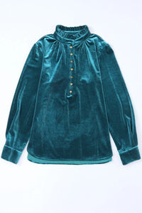 Velvet Button Frilled Neck Blouse Top - Happily Ever Atchison Shop Co.