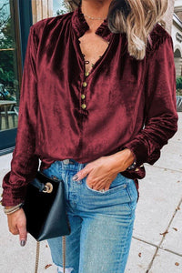 Velvet Button Frilled Neck Blouse Top - Happily Ever Atchison Shop Co.