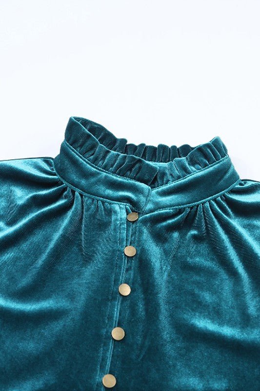 Velvet Button Frilled Neck Blouse Top - Happily Ever Atchison Shop Co.