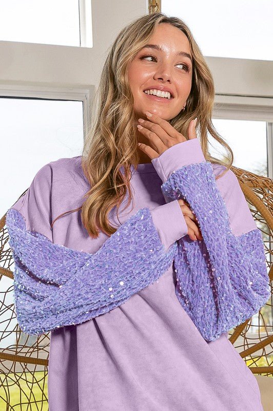 Velvet Sequin Sleeve Mineral Washed Top - Happily Ever Atchison Shop Co.