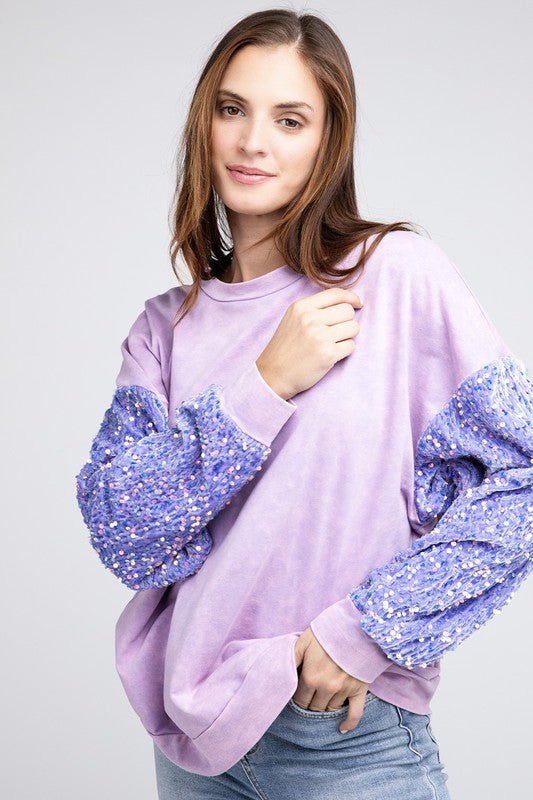 Velvet Sequin Sleeve Mineral Washed Top - Happily Ever Atchison Shop Co.