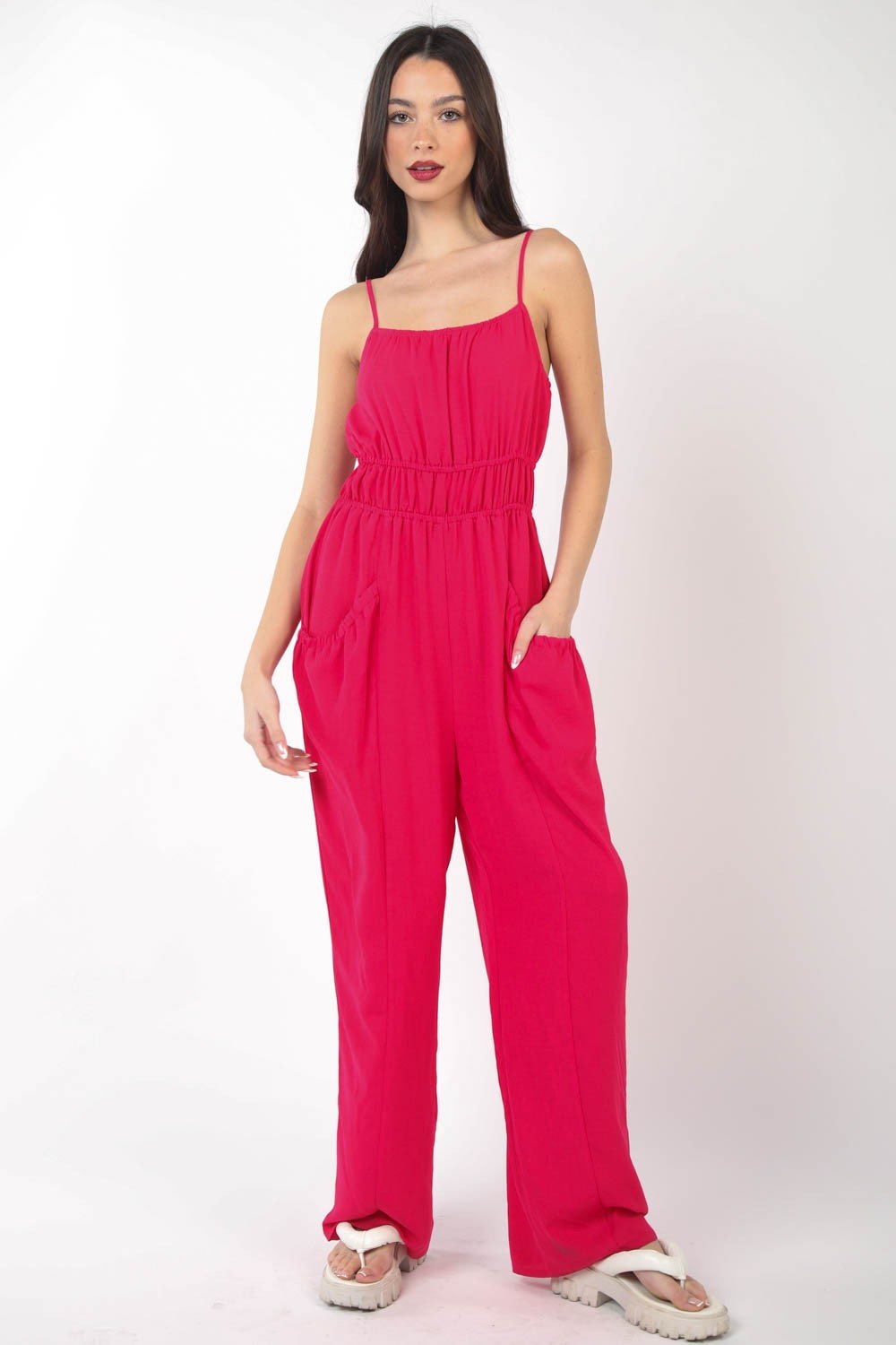 VERY J Pintuck Detail Woven Sleeveless Jumpsuit - Happily Ever Atchison Shop Co.