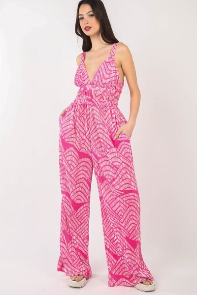 VERY J Printed Pleated Sleeveless Wide Leg Jumpsuit - Happily Ever Atchison Shop Co.