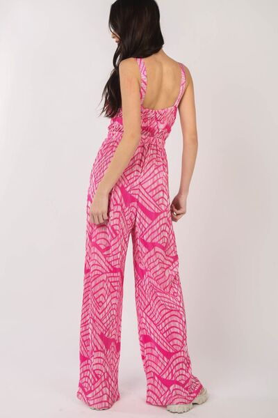 VERY J Printed Pleated Sleeveless Wide Leg Jumpsuit - Happily Ever Atchison Shop Co.