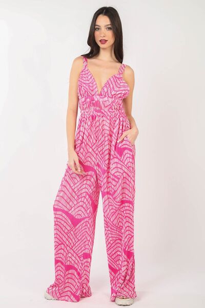 VERY J Printed Pleated Sleeveless Wide Leg Jumpsuit - Happily Ever Atchison Shop Co.