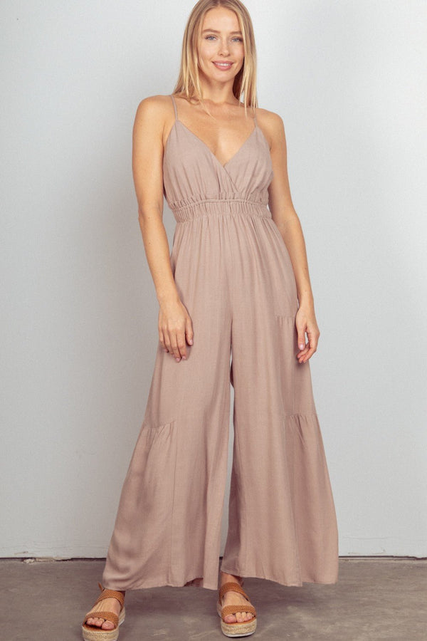 VERY J Sleeveless Ruched Wide Leg Jumpsuit - Happily Ever Atchison Shop Co.