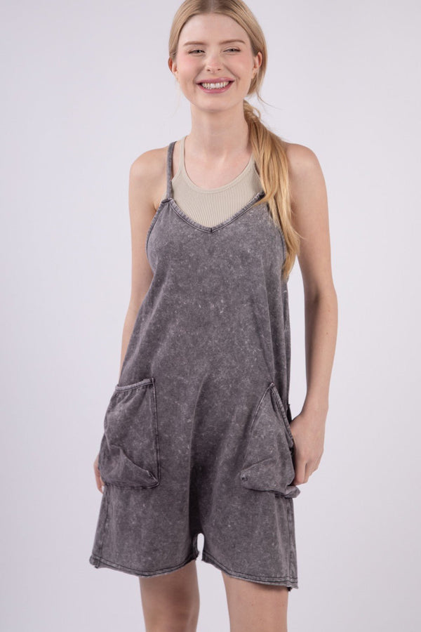 VERY J V - Neck Sleeveless Washed Romper - Happily Ever Atchison Shop Co.