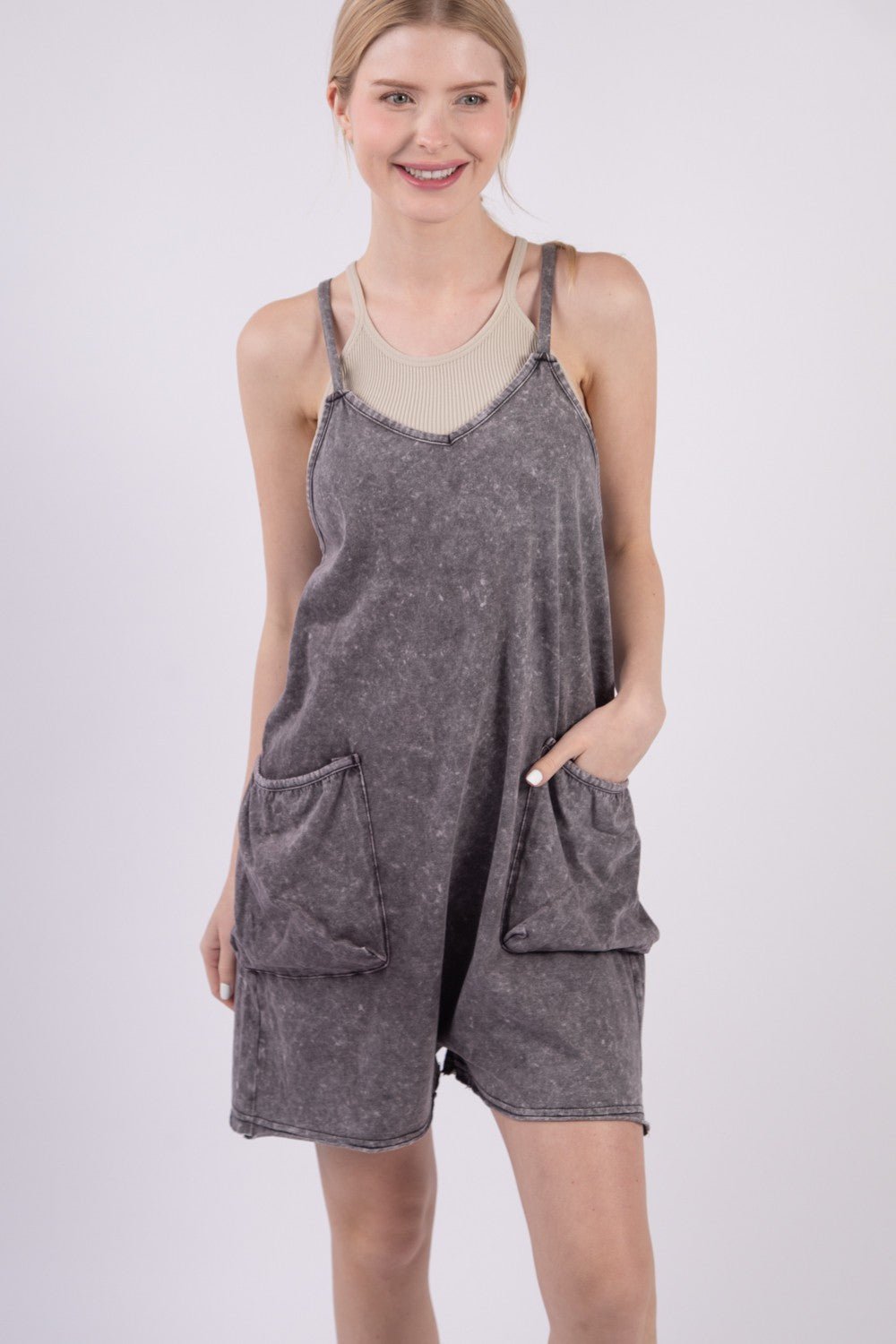 VERY J V - Neck Sleeveless Washed Romper - Happily Ever Atchison Shop Co.