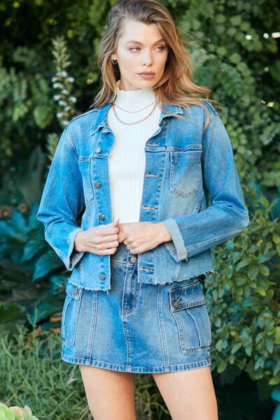 Veveret Button Up Raw Hem Denim Jacket - Happily Ever Atchison Shop Co.