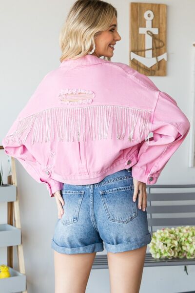 Veveret Fringe Distressed Button Up Denim Jacket - Happily Ever Atchison Shop Co.