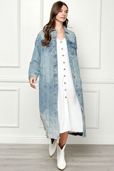 Veveret Full Size Distressed Raw Hem Pearl Detail Button Up Jacket - Happily Ever Atchison Shop Co.