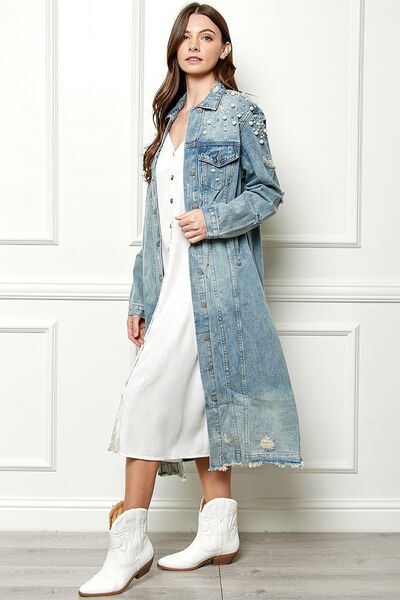 Veveret Full Size Distressed Raw Hem Pearl Detail Button Up Jacket - Happily Ever Atchison Shop Co.