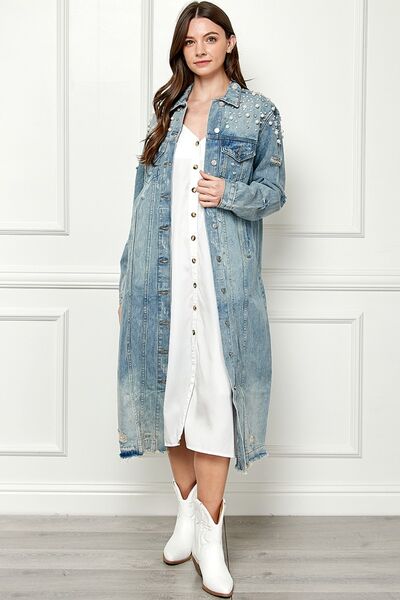 Veveret Full Size Distressed Raw Hem Pearl Detail Button Up Jacket - Happily Ever Atchison Shop Co.