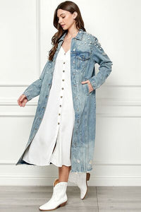 Veveret Full Size Distressed Raw Hem Pearl Detail Button Up Jacket - Happily Ever Atchison Shop Co.
