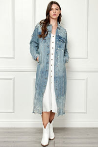 Veveret Full Size Distressed Raw Hem Pearl Detail Button Up Jacket - Happily Ever Atchison Shop Co.