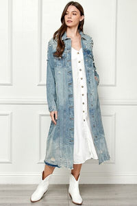 Veveret Full Size Distressed Raw Hem Pearl Detail Button Up Jacket - Happily Ever Atchison Shop Co.